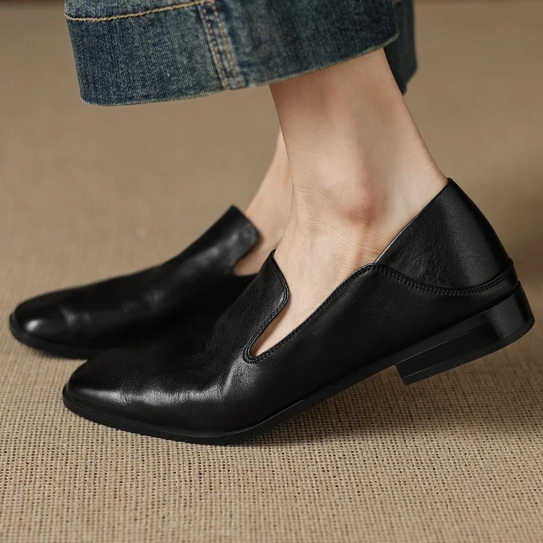 Mocassins plats à enfiler en cuir de vache pour femmes, bout carré, de haute qualité, doux, conforta