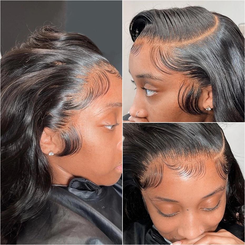 Perruque Lace Wig Body Wave Brésilienne Naturelle Sans Colle, Cheveux Pre-Plucked, Transparent, Blin