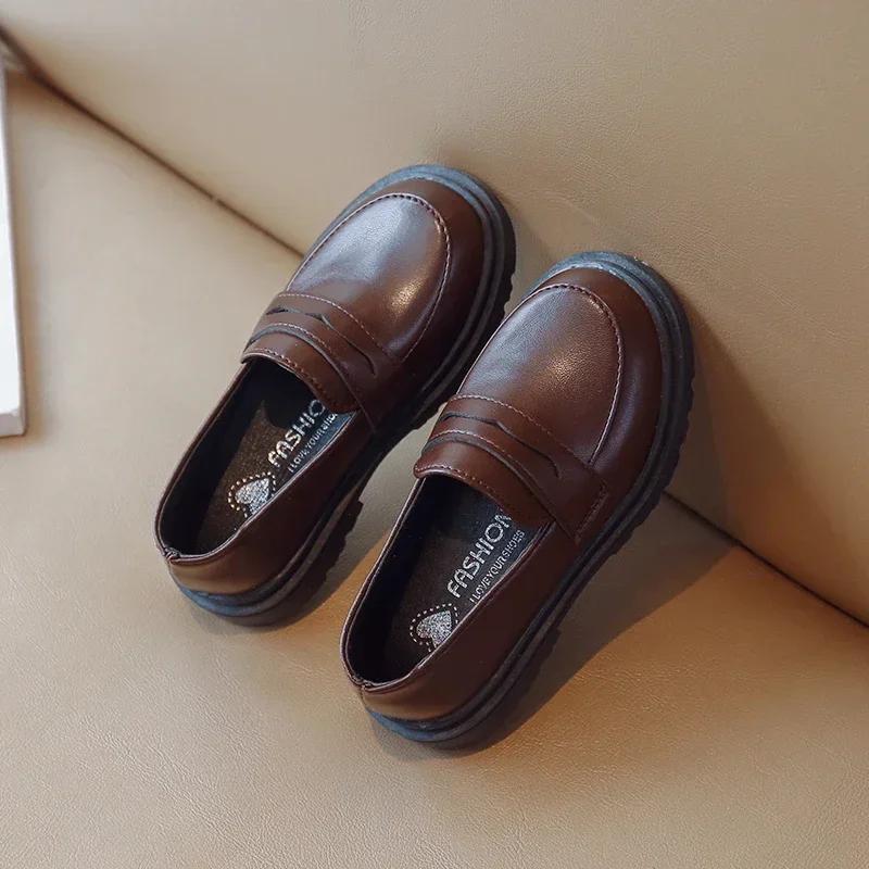 Chaussures en cuir pour enfants de Style britannique pour garçons, mocassins souples rétro noirs pou