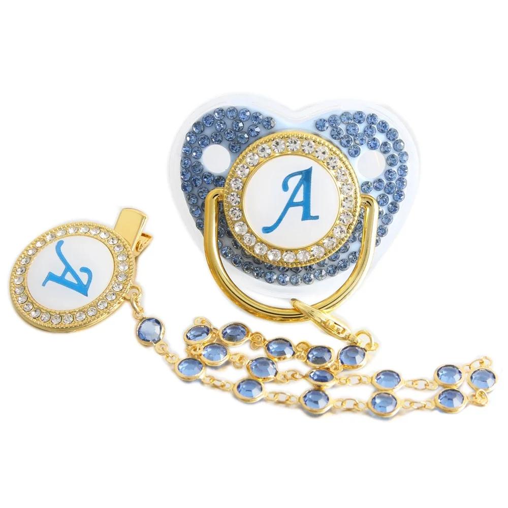 Sucette bleue pour bébé, 26 lettres, avec chaîne de perles, Clip de gemme/jouet de dentition