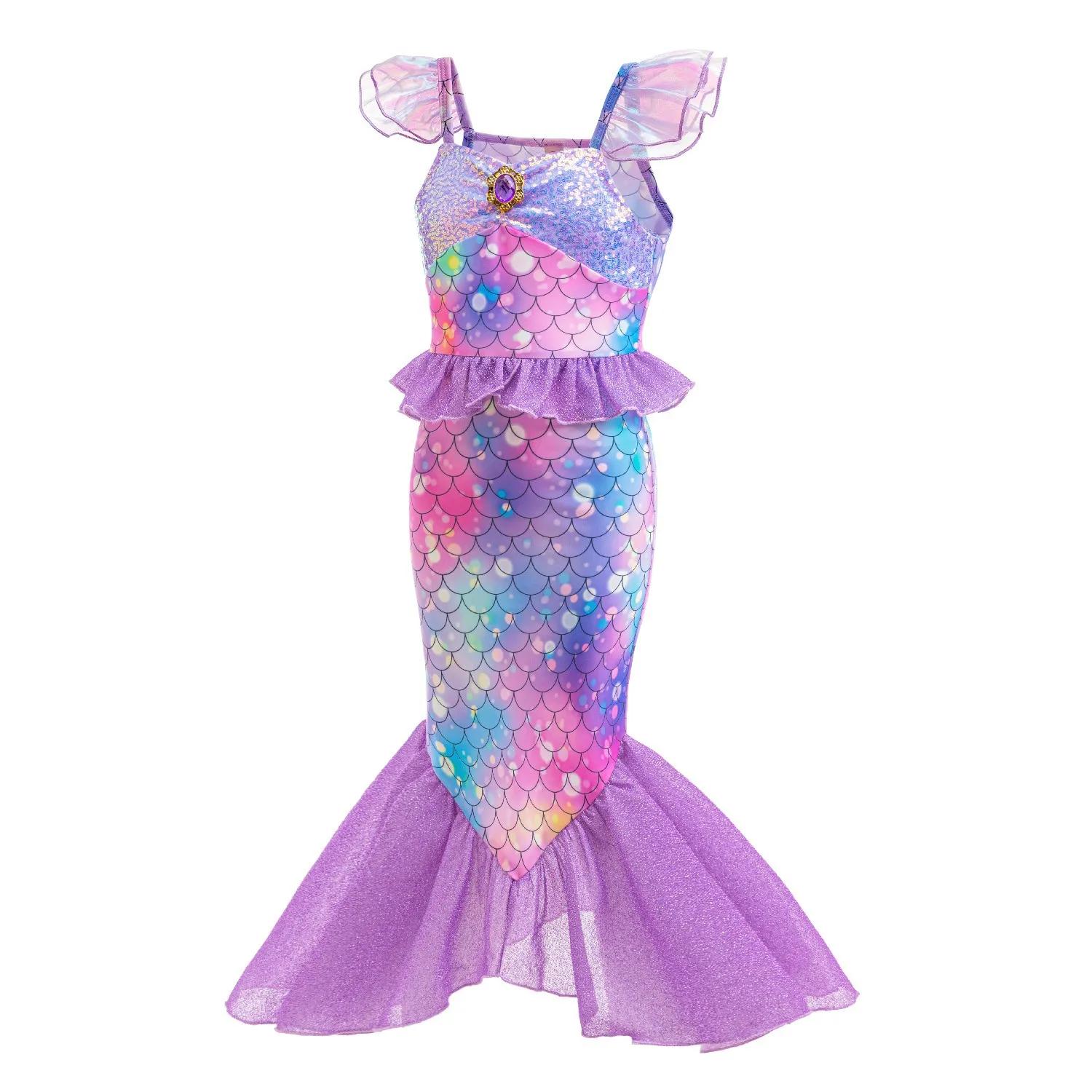Robe princesse sirène violette pour filles - Costume queue de poisson, fête carnaval ou Halloween