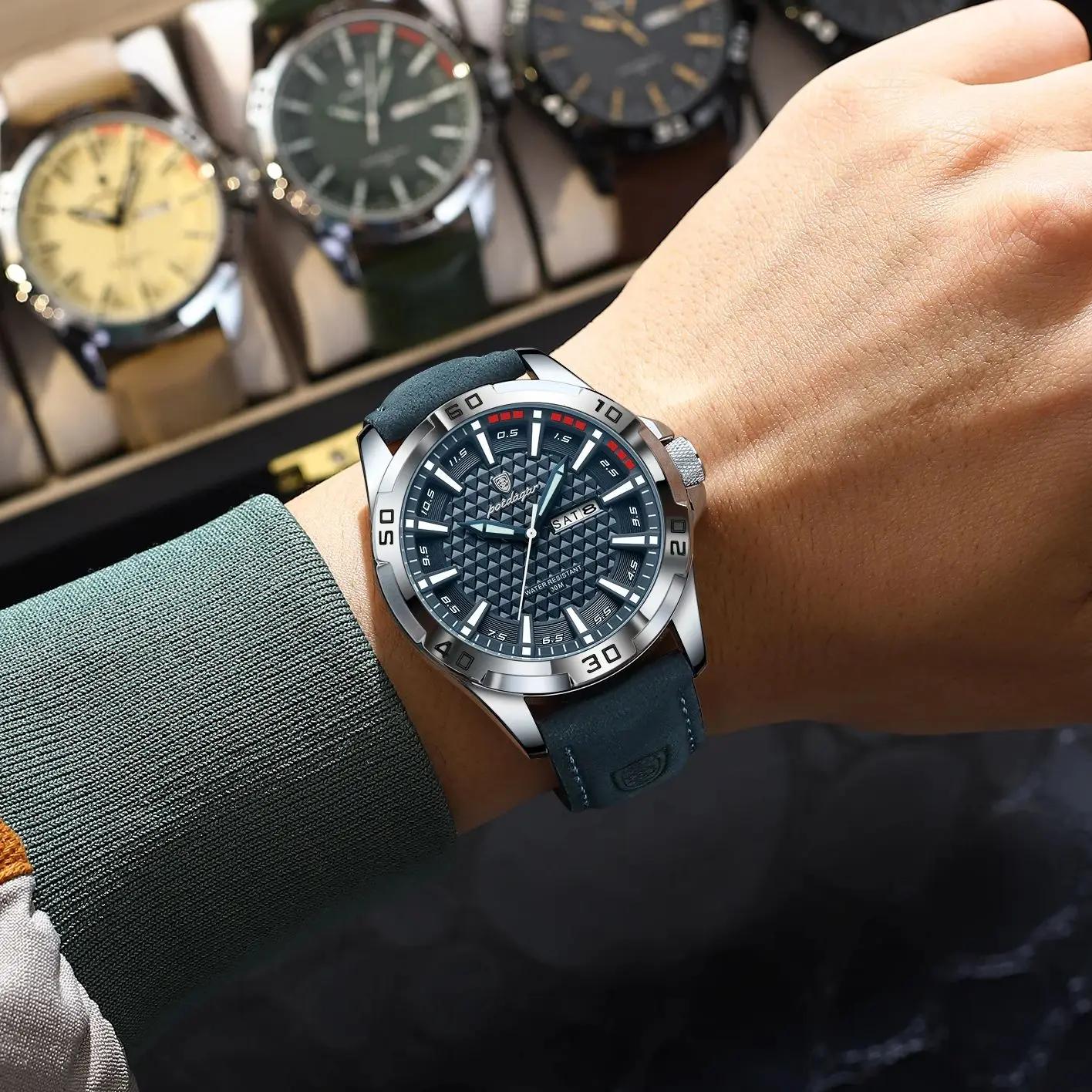 POEDAGAR Original hommes montre de luxe étanche lumineux Date semaine montre pour homme Quartz cuir