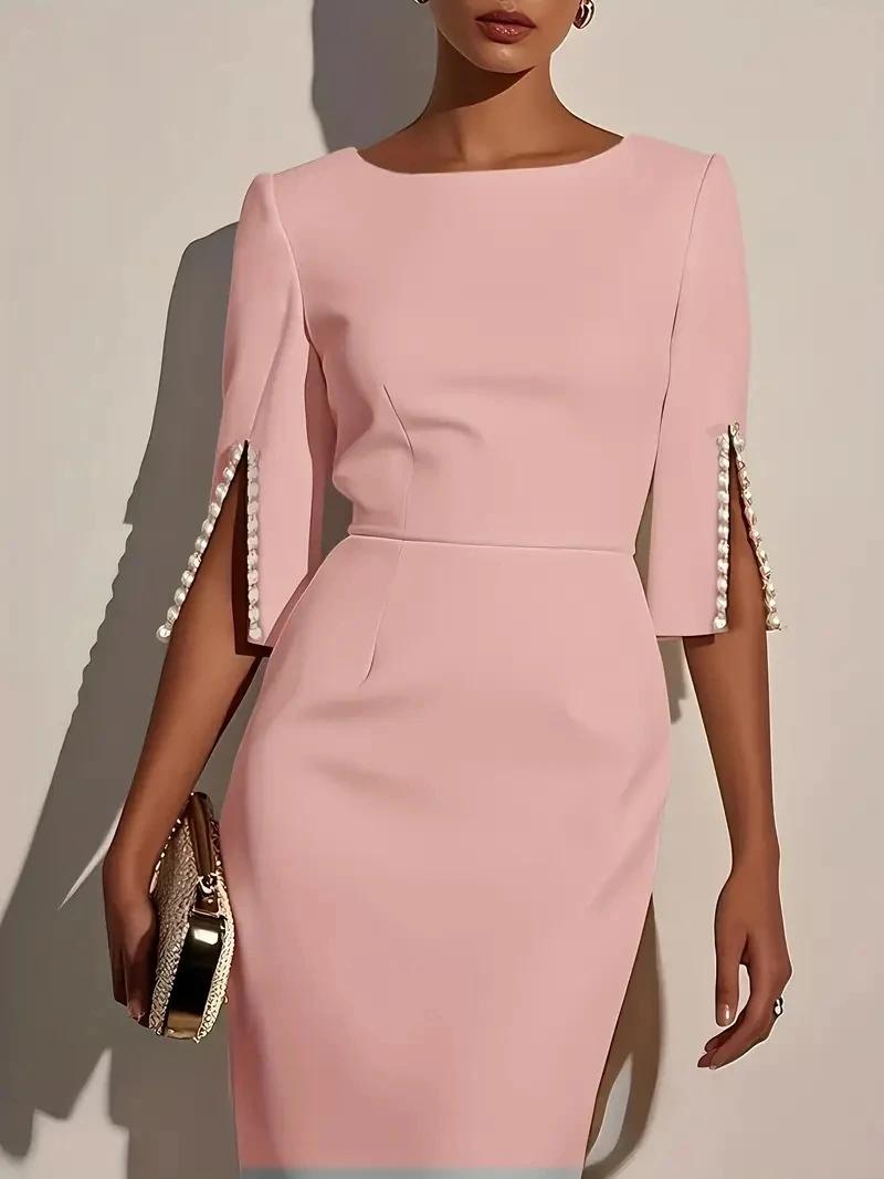 Robe mi-longue élégante pour femmes, couleur unie, col rond, demi-manches, décorée de perles, coupe