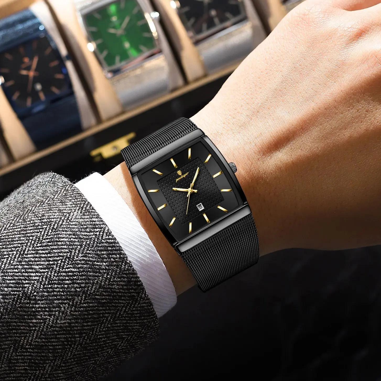 POEDAGAR Top luxe hommes montre-bracelet étanche lumineux en acier inoxydable maille Date homme mont
