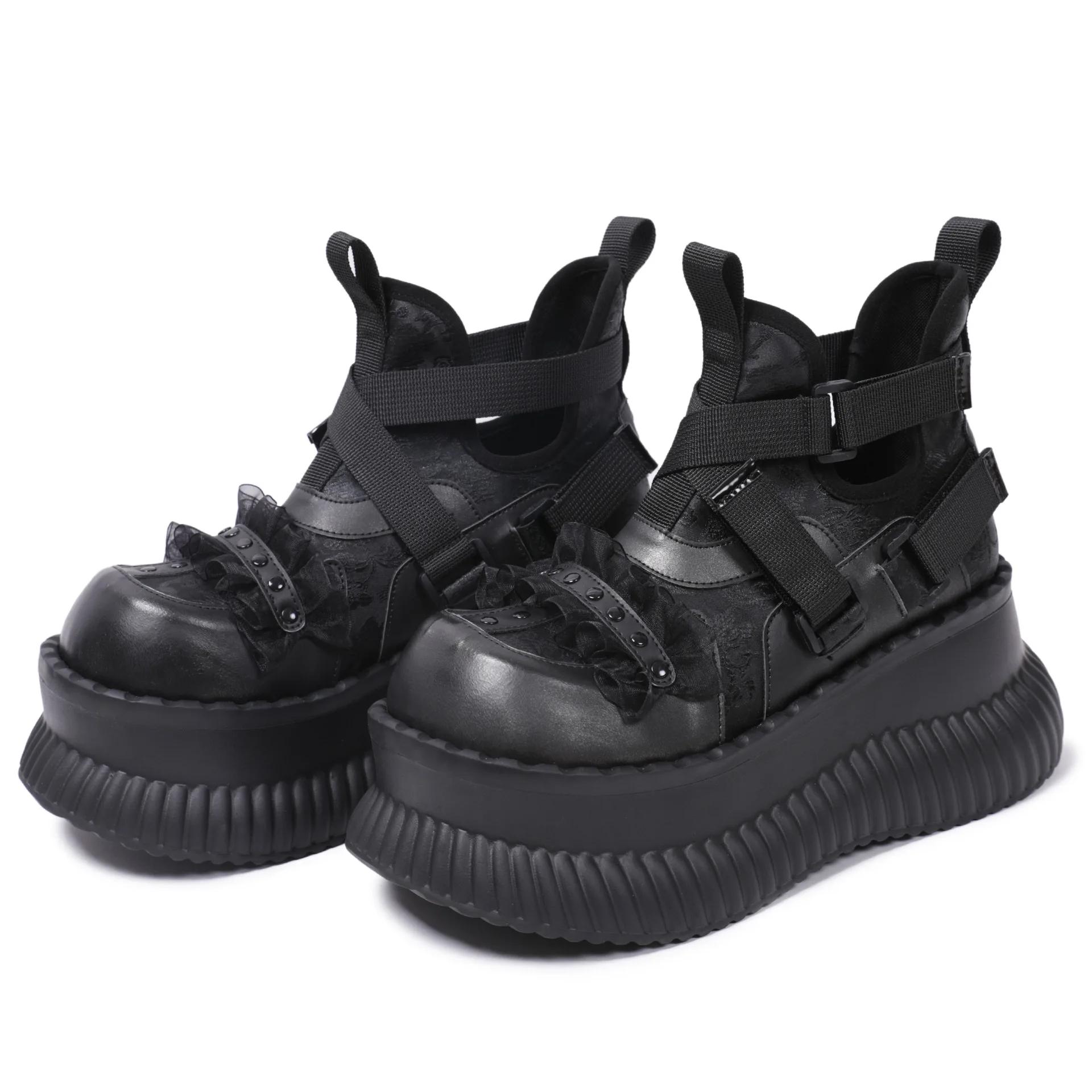 Chaussures à fond épais et haut pour femmes, Style foncé, Niche Mary Jane en dentelle croisée, douce