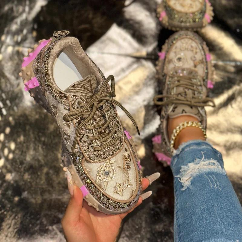 Baskets décontractées pour femmes, chaussures de luxe à strass, nouvelle plateforme d'extérieur, cha