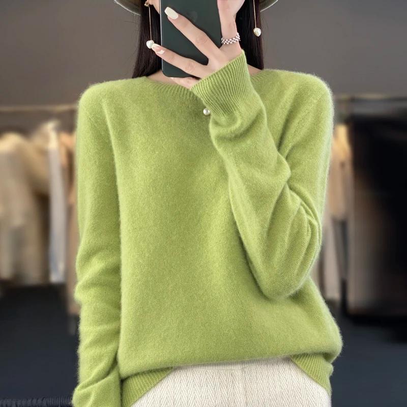 Pull tricoté en laine mérinos Pure pour femme, pull à col rond, sans couture, en cachemire, vêtement