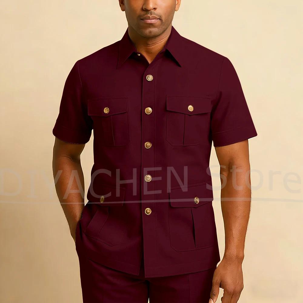Ensemble de costume safari pour homme à manches courtes, 2 pièces, multi-poches, blazer et pantalon,