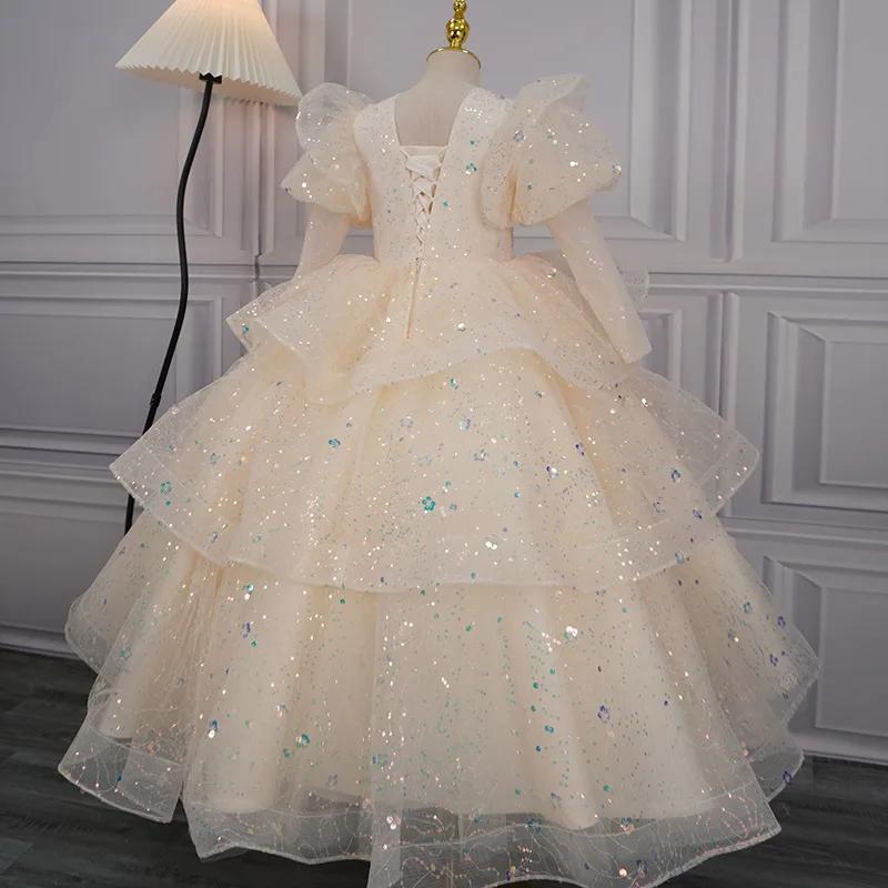 Robe de princesse à manches longues pour filles, robe de soirée d'anniversaire, à fleurs, robe de ma