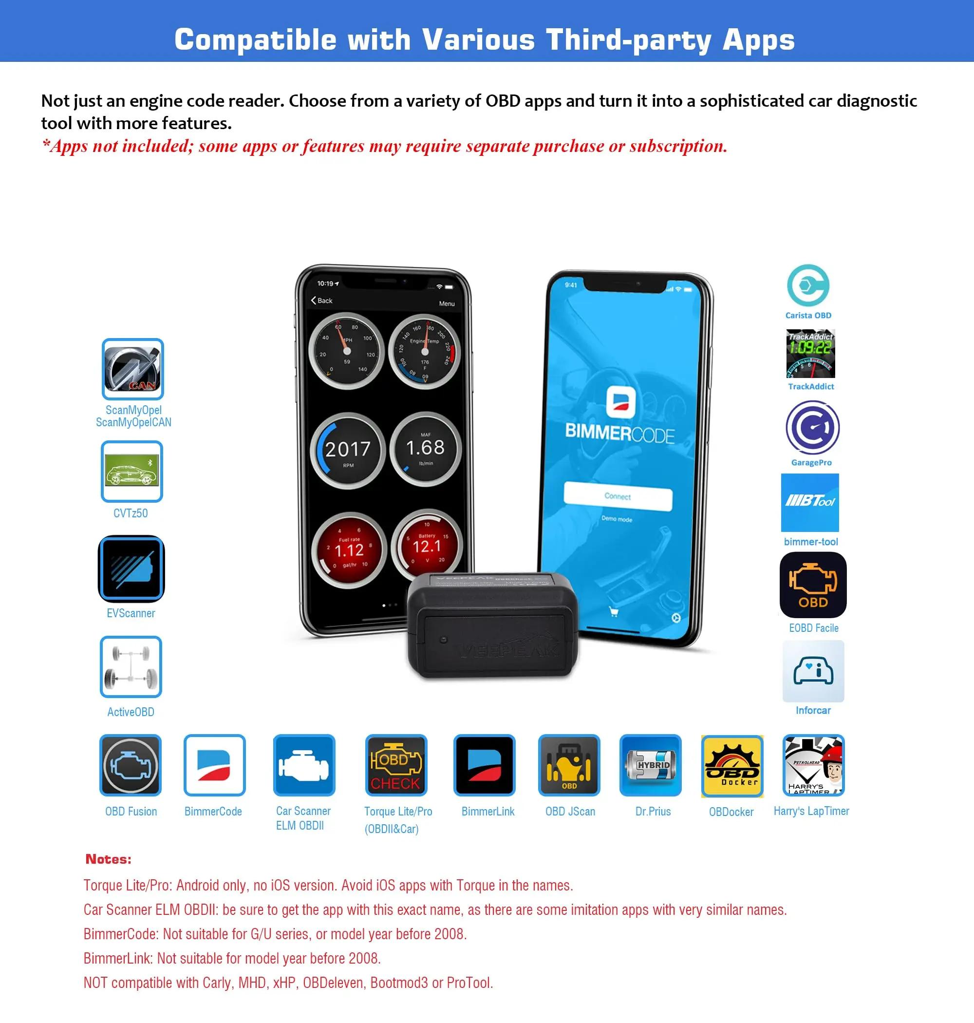 Veepeak OBDCheck BLE OBD2 Scanner Bluetooth pour voiture, lecteur de codes de diagnostic OBD II, out
