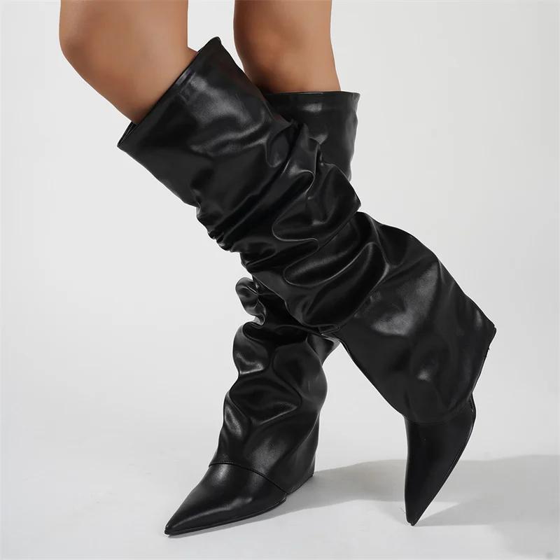 Bottes hautes plissées en cuir noir pour femmes, chaussures à semelles compensées, Sexy, à bout poin