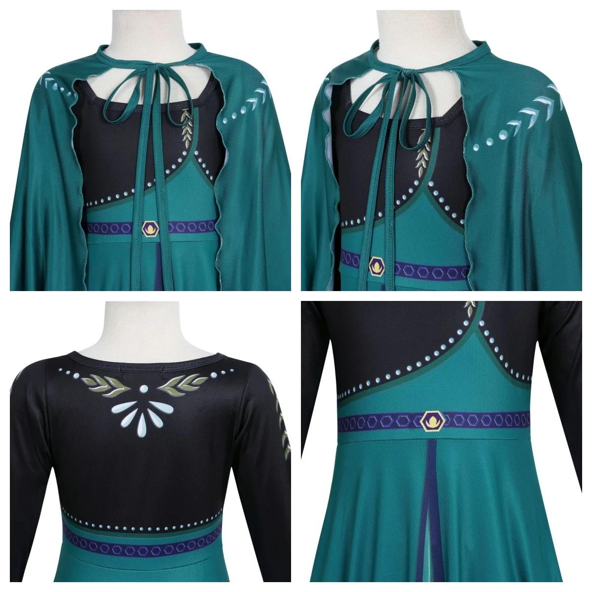 Costume de couronnement Anna Frozen pour enfants, robe de princesse verte avec cape, robe de cosplay