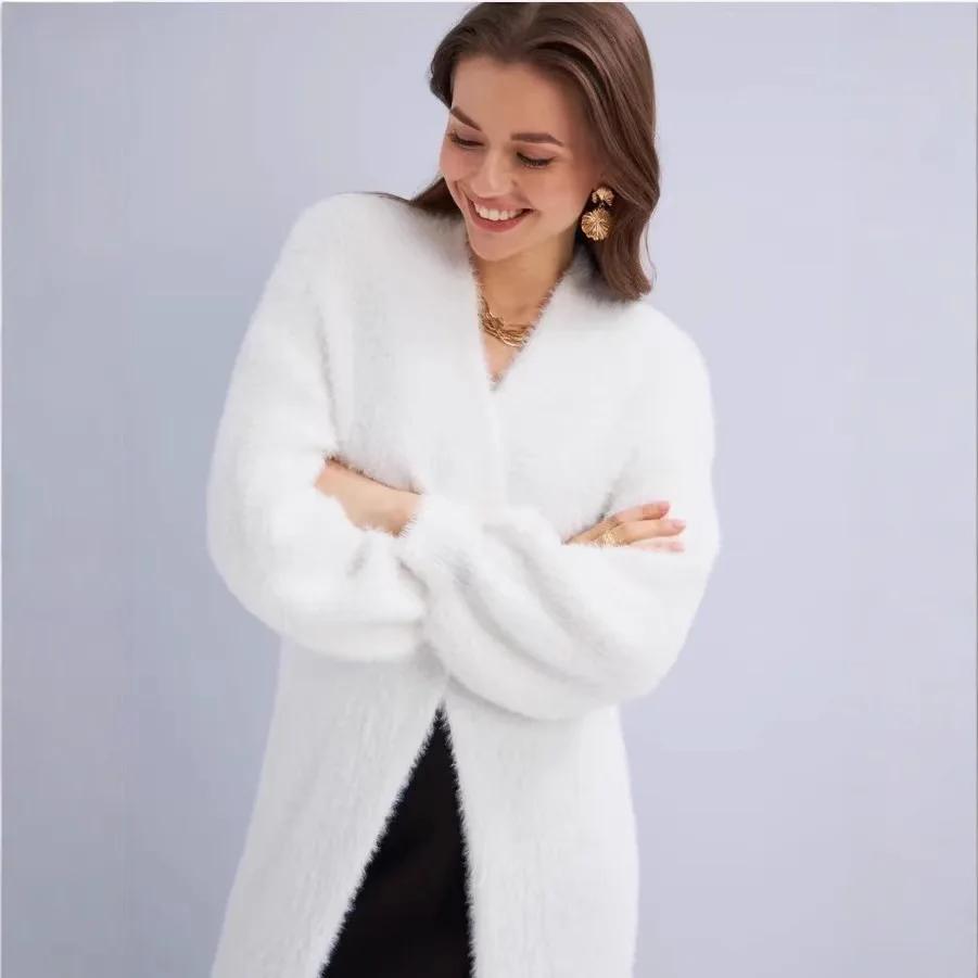 Manteau en tricot ouvert de style ample et paresseux, pull épais à manches longues en fausse fourrur