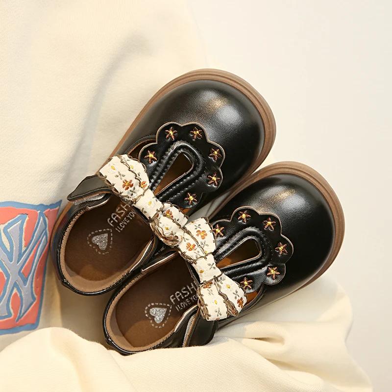 Chaussures en cuir avec nœud mignon pour filles, Oxfords à lanières en T, souples, pour enfants d'éc