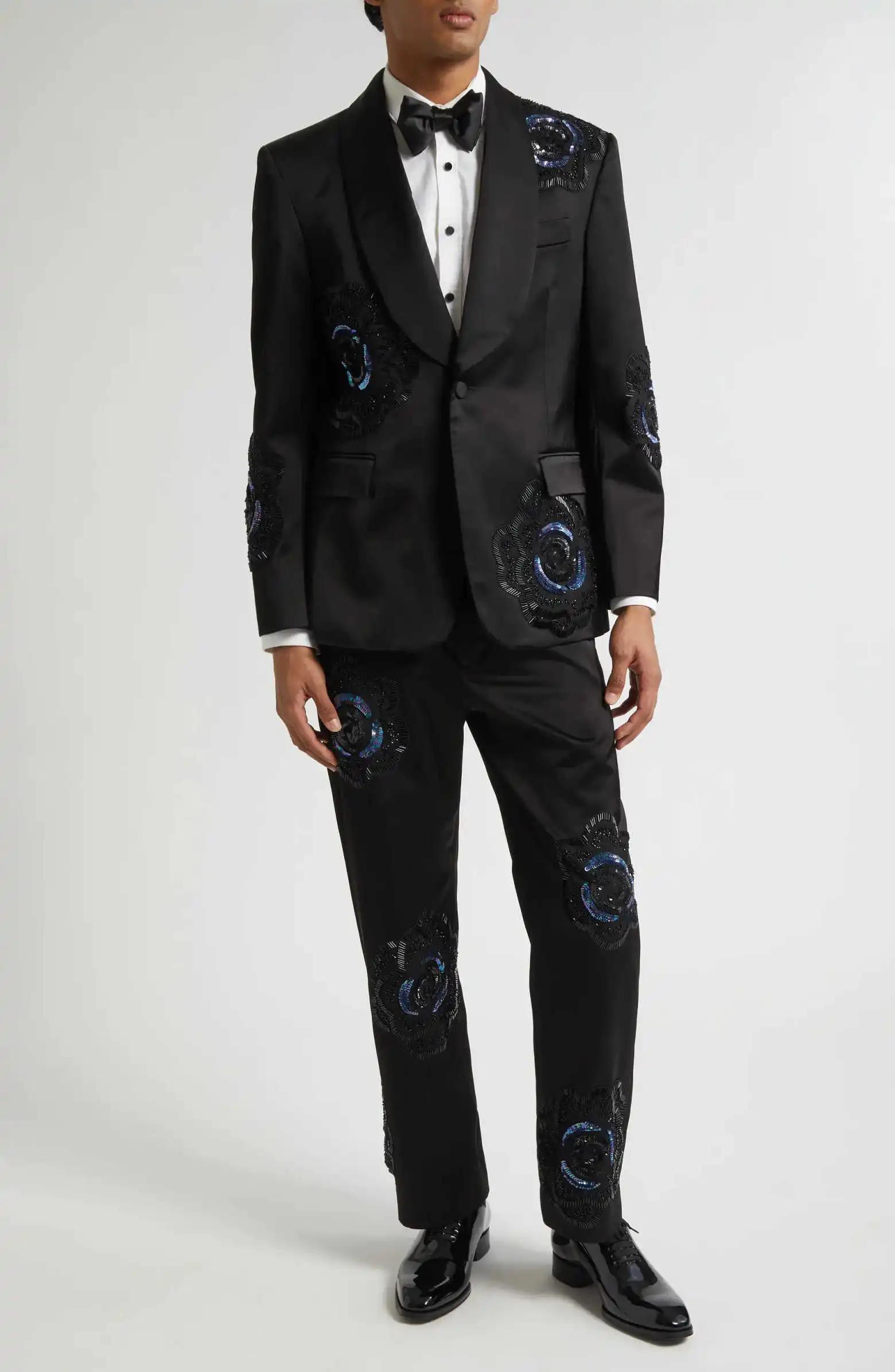 Costume de Mariage Tendance pour Marié, Smoking à Revers Châle Perlé, Simple Boutonnage, 2 Pièces (V