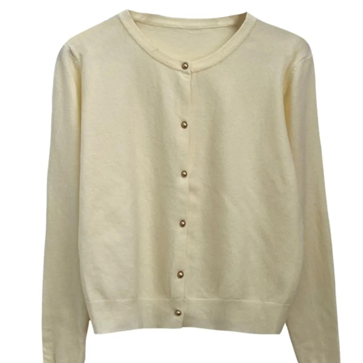 Cardigan tricoté de couleur unie pour femmes, coréen, simple boutonnage, manches longues, col rond,