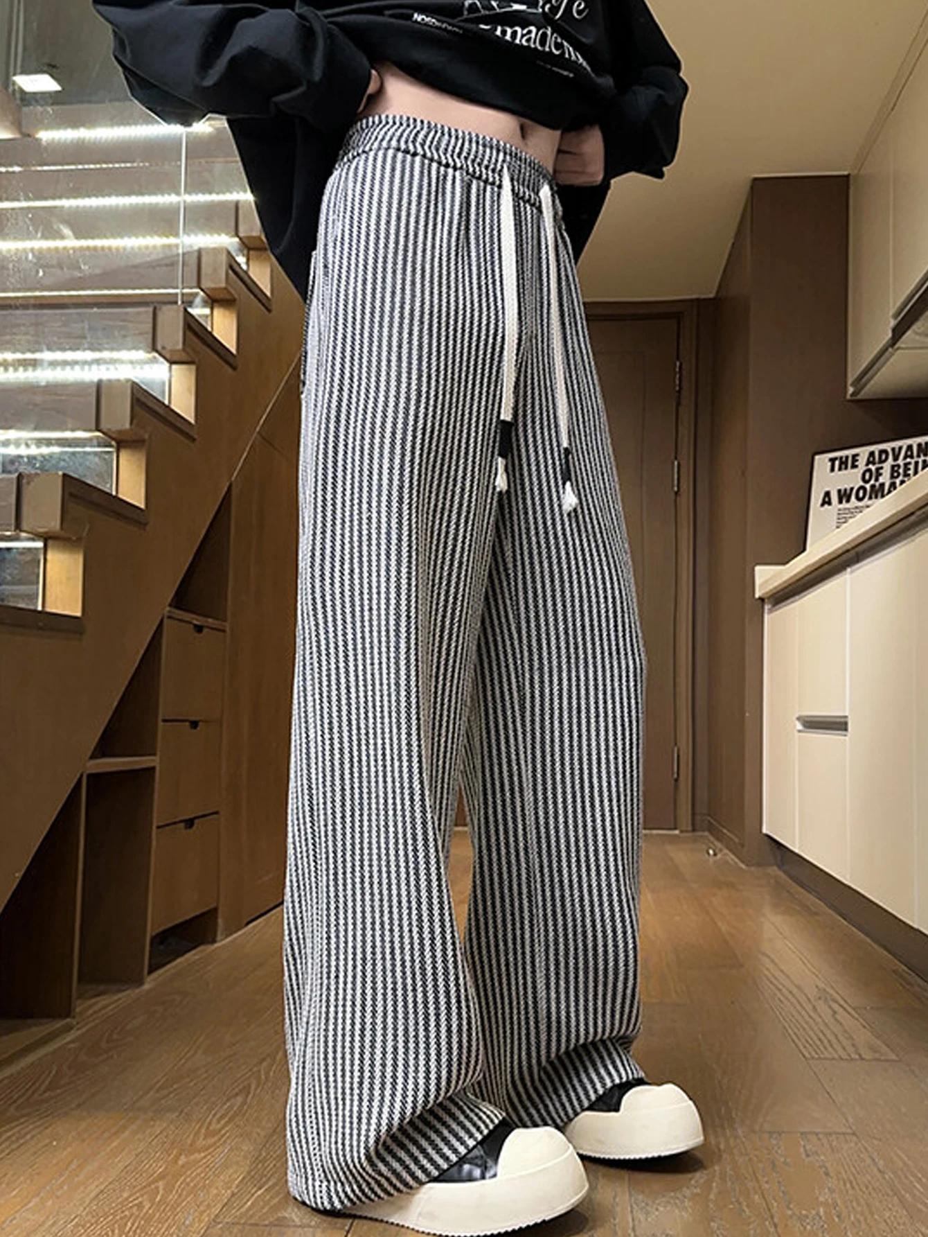 Pantalon rayé décontracté d'automne pour hommes, pantalon tissé avec ceinture élastique à cordon de