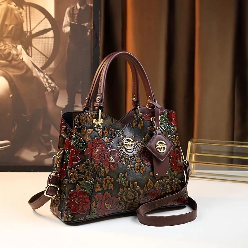 Sac à main à motif de fleurs Vintage, sac fourre-tout de luxe en cuir PU, sac à bandoulière à la mod