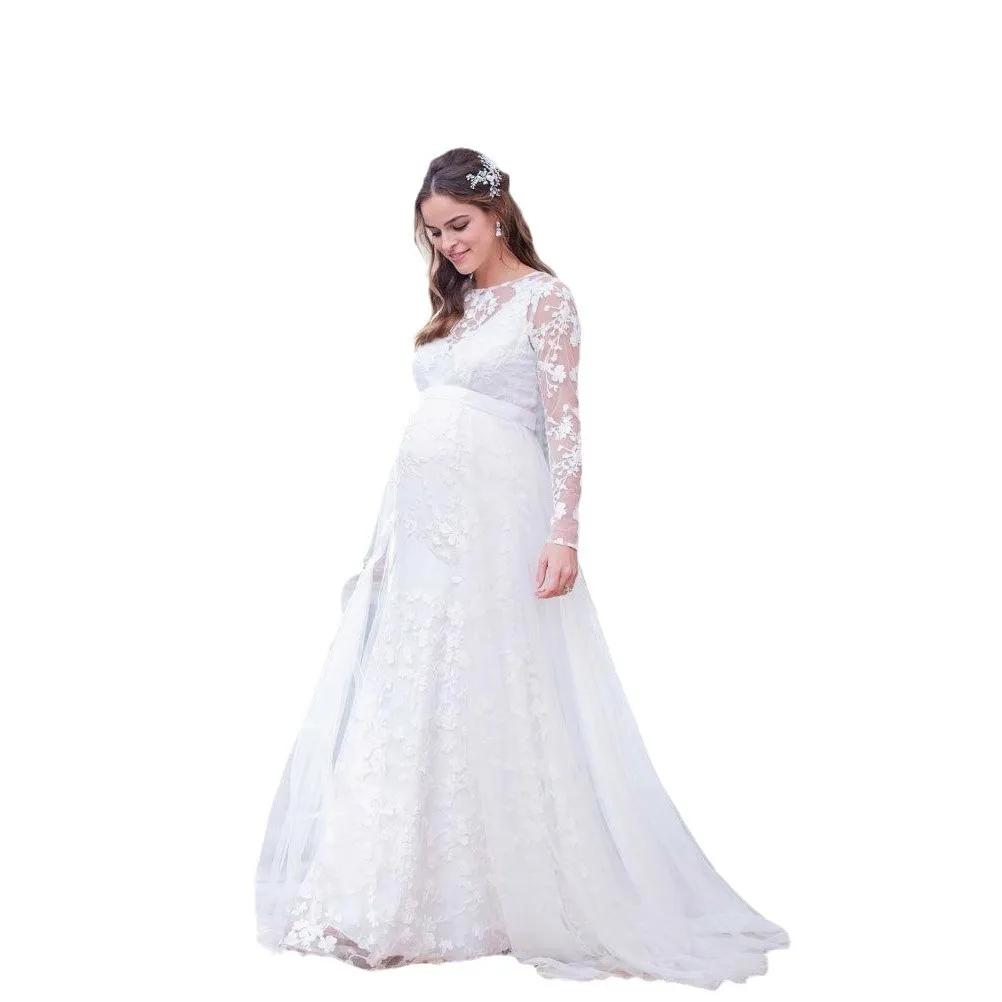 ALTERFull-Robe Longue Maxi en Dentelle, Manches sulf, en Forme de V, Ourlet au Dos, Bouffante, pour