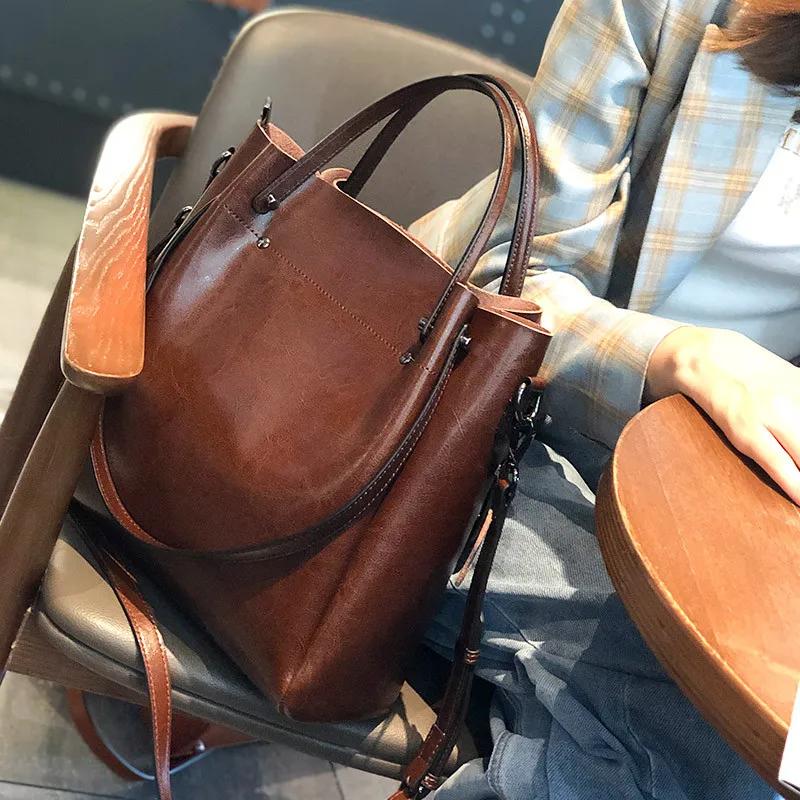 Sac à bandoulière grande capacité pour femme, en cuir huilé tendance, cuir de vachette de haute qual