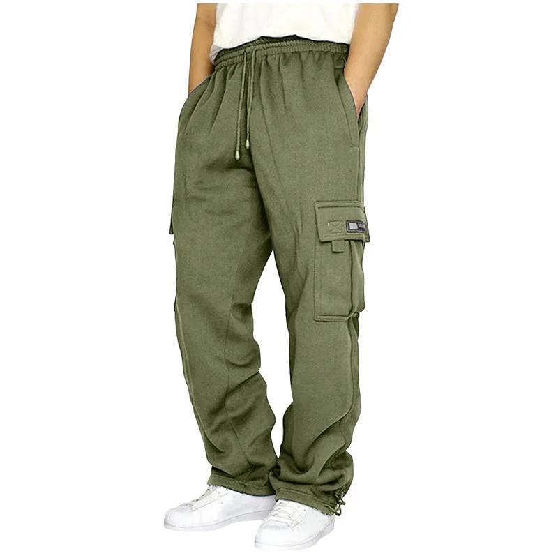Pantalon de sport décontracté pour hommes, couleur unie, multi-poches, jambe droite, ample, grande t