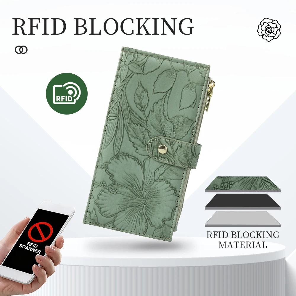 Portefeuille à fermeture éclair longue bloquant RFID pour femme avec doubles fermetures éclair et im