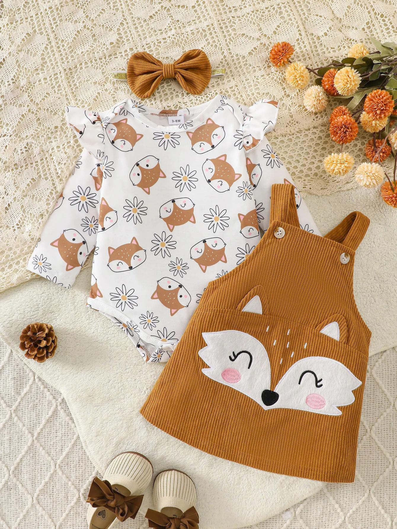 Ensemble en velours côtelé Little Fox Autumn Story : Combinaison imprimée marguerites + Jupe à brete