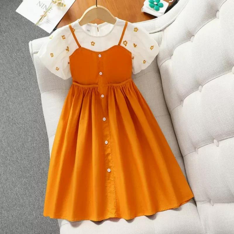 Robe de princesse deux pièces pour filles, vêtements pour enfants, manches à bulles, faux, mode esti