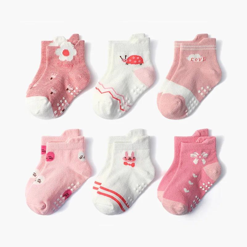 6 paires de chaussettes antidérapantes pour filles, motif de fleurs et de cœurs, pour enfants, bébés