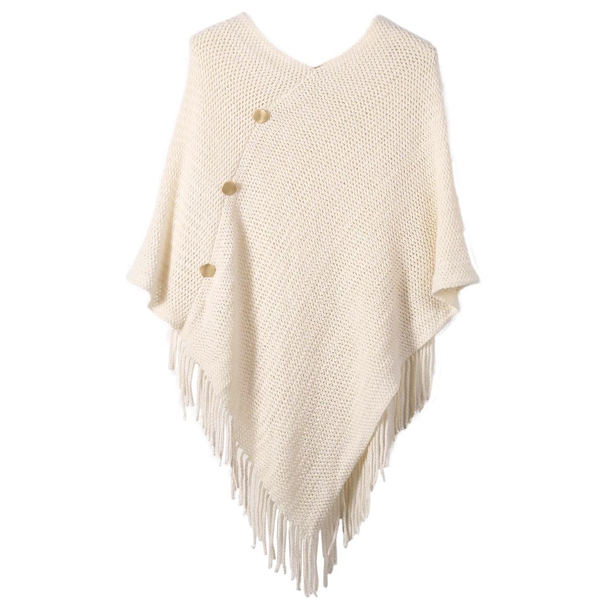 Châle à pampilles pour femmes avec faux boutons, couleur unie, adapté aux vêtements de déplacement à