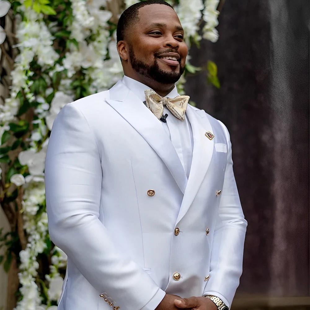 Blazer à col pointu imbibé de satin blanc 2 pièces pour hommes, veste à double boutonnage, smoking d