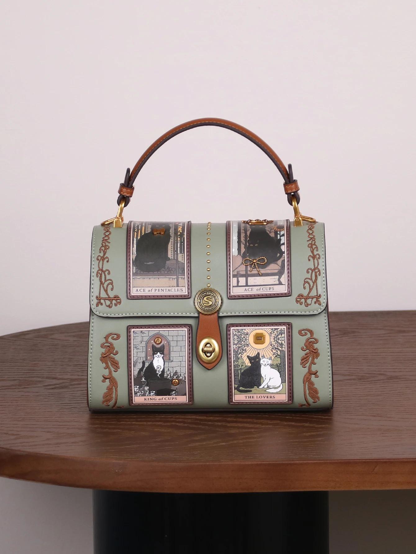Nouveau sac à main de luxe pour femme 2026, style rétro, sac Boston Tarot, motif chat mignon, sac do