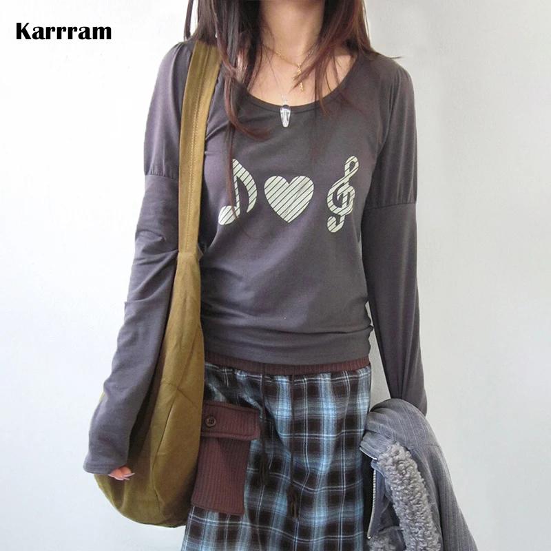 T-shirt Karrram japonais Y2k à imprimé cœur, vintage Harajuku, manches longues, gris, style coréen d