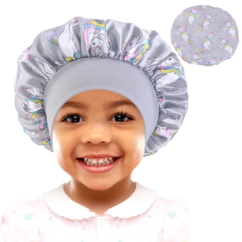 Dessin animé bébé enfants imprimer Satin Bonnet chapeau de sommeil casquette pour cheveux bouclés ré