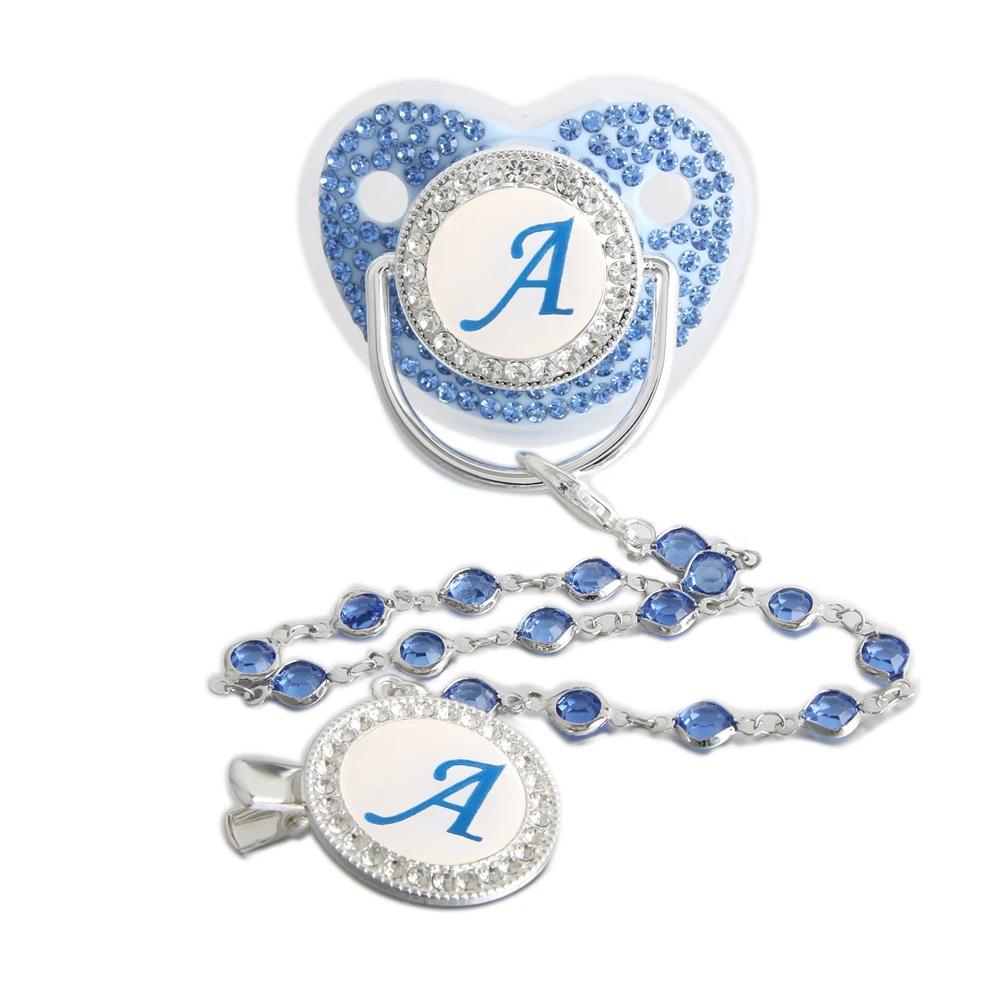 Sucette bleue scintillante pour bébé, 26 lettres, avec chaîne de perles de pierres précieuses, Clip/
