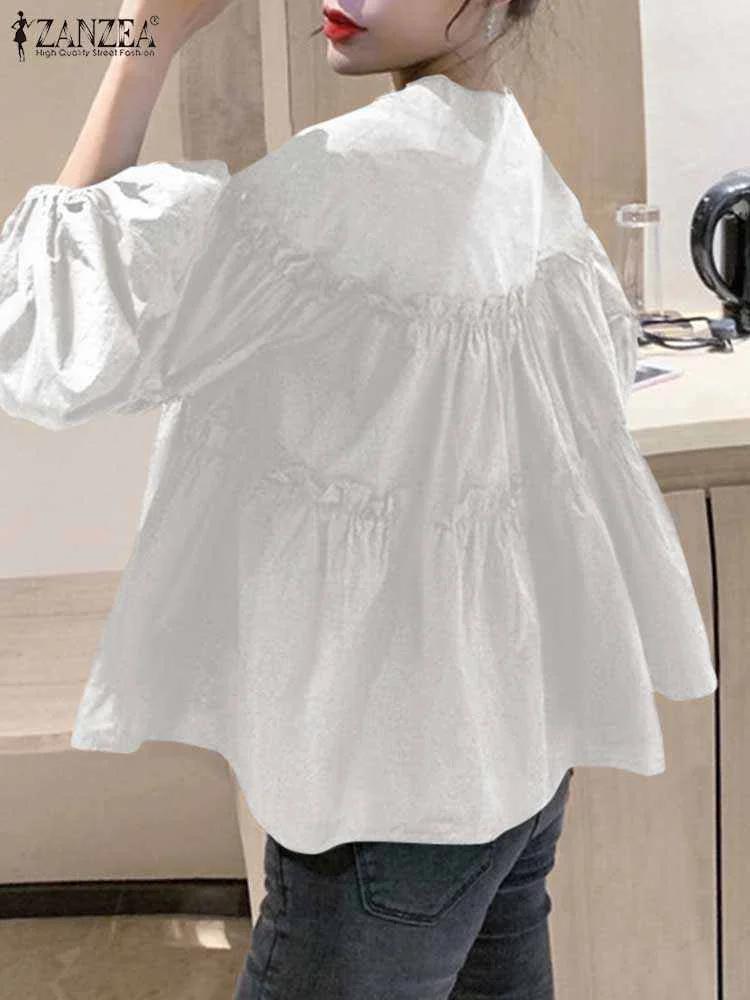 ZANZEA mode femmes à manches longues bouffantes Blouse automne printemps Eelgant chemise volants Blu