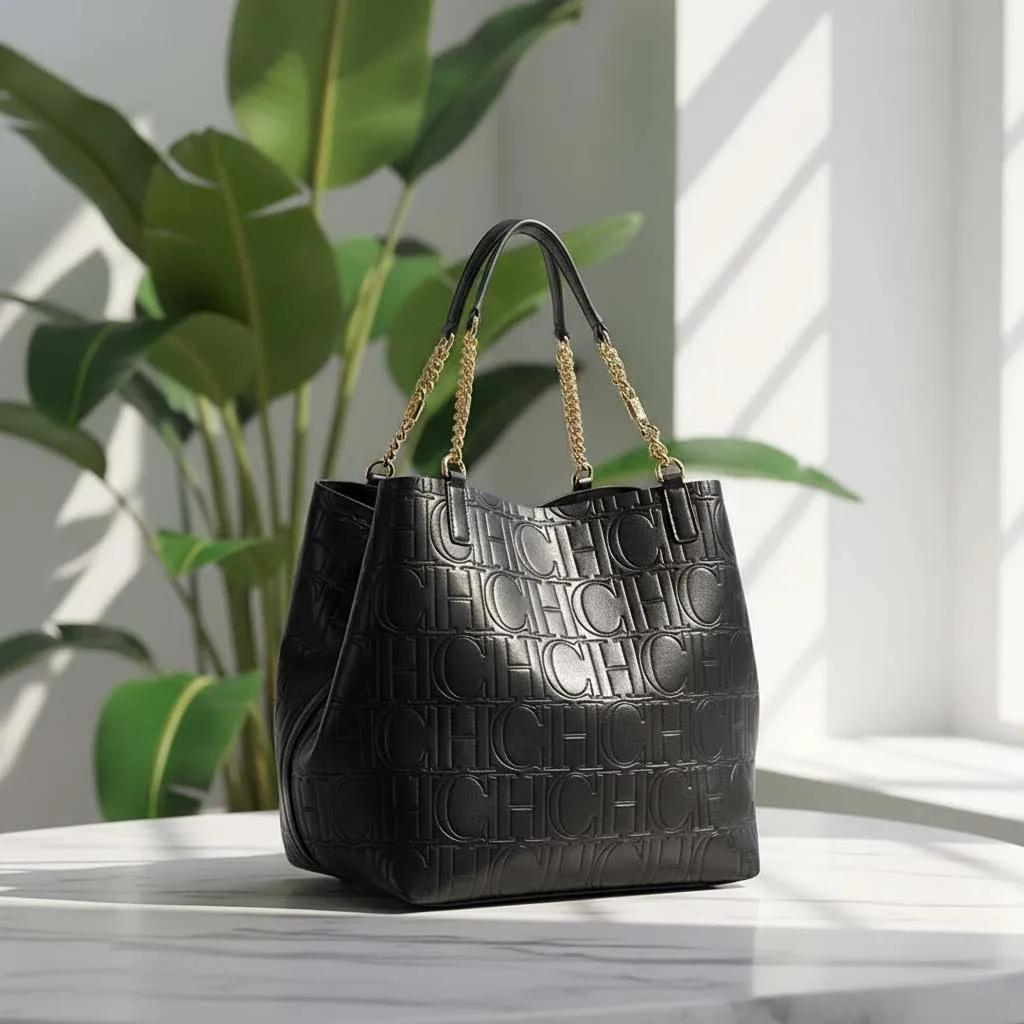 Sac fourre-tout en cuir gaufré CH avec poignée chaîne, intérieur spacieux, idéal pour le bureau, ess