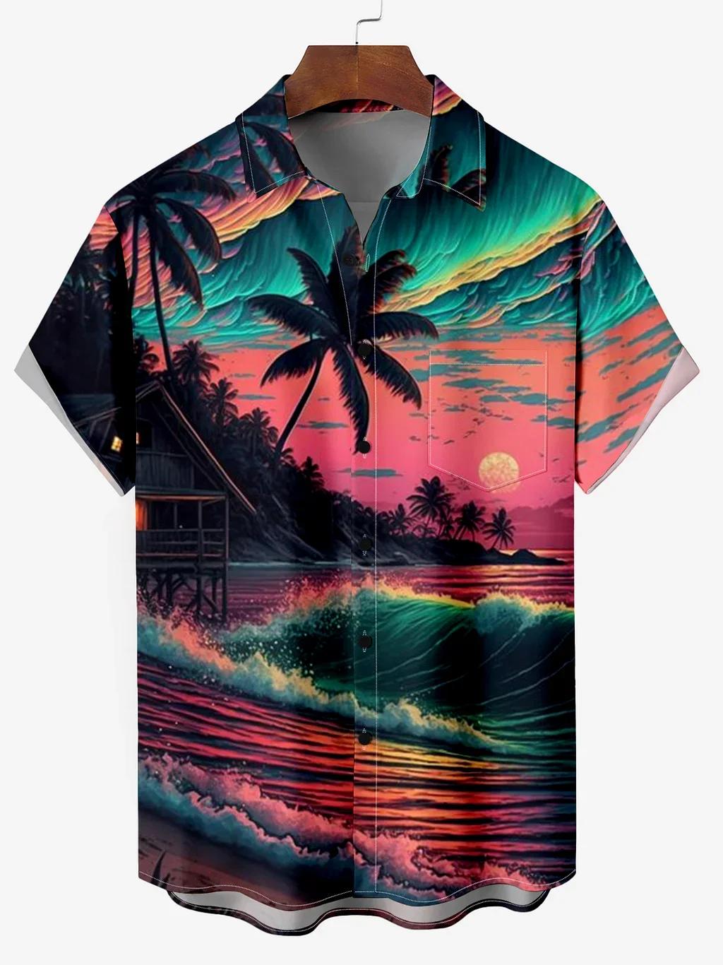 Chemise hawaïenne AMP Trees pour garçons, impression 3D, col coloré, chemise décontractée, manches c