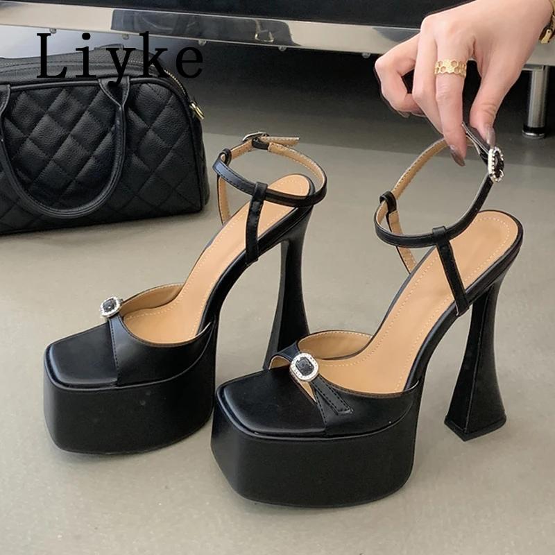 Liyke – sandales à plateforme avec boucle en cristal pour femmes, chaussures à talons hauts blancs à