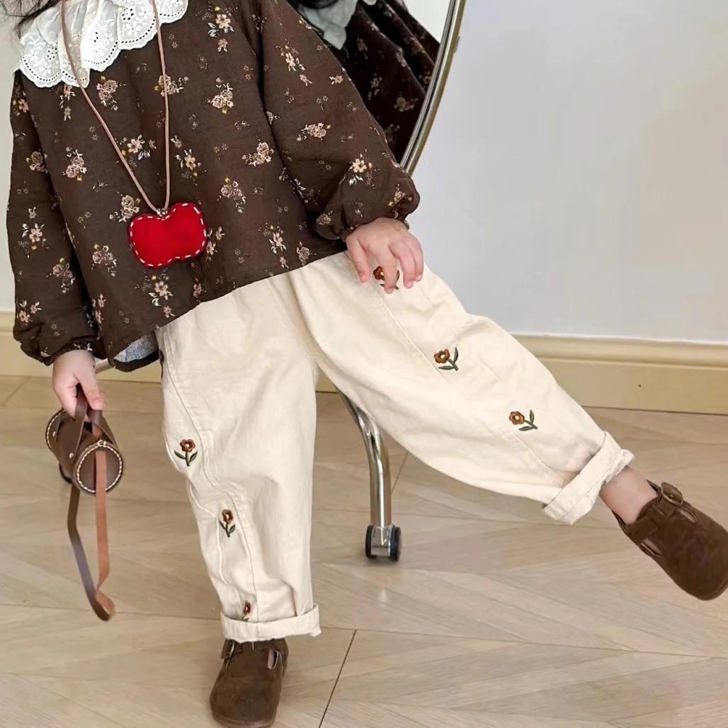 Pantalons décontractés pour enfants, 2-6T, en coton, avec broderie de fleurs, taille élastique, pour