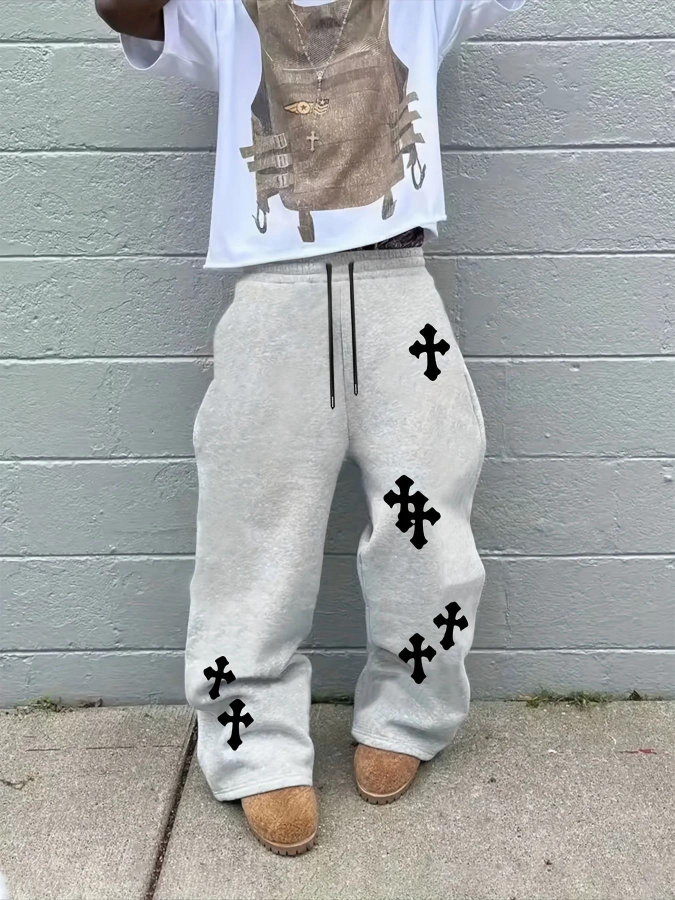2025 Pantalon à jambes larges noir pour hommes à la mode Grande croix blanche imprimée Pantalon hip-