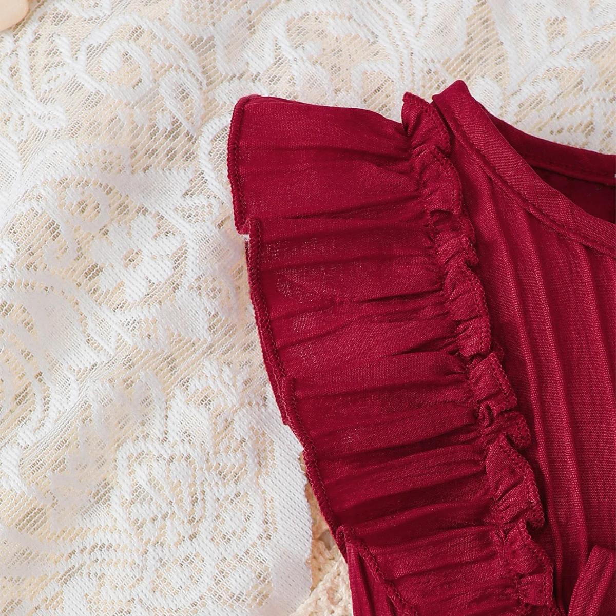 Robe sans manches pour bébé fille, couleur unie, bords à volants, robe d'été + bandeau, robe du nouv