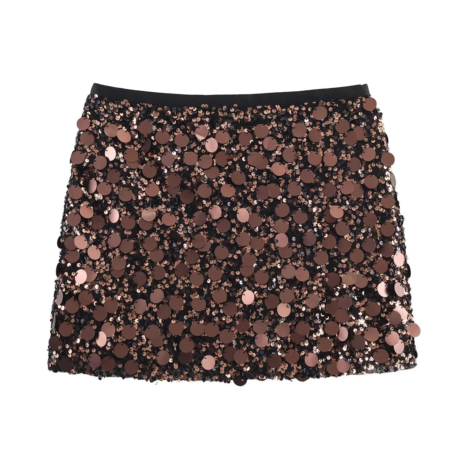 Femmes printemps automne Chic Mini jupes mode avec paillettes solide côté fermeture éclair jupe cour