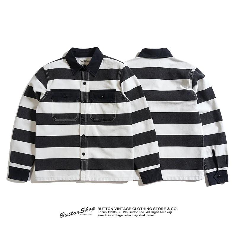 Automne nouveau américain rétro 16oz lourd prisonnier rayé veste hommes mode pur coton lavé épais to