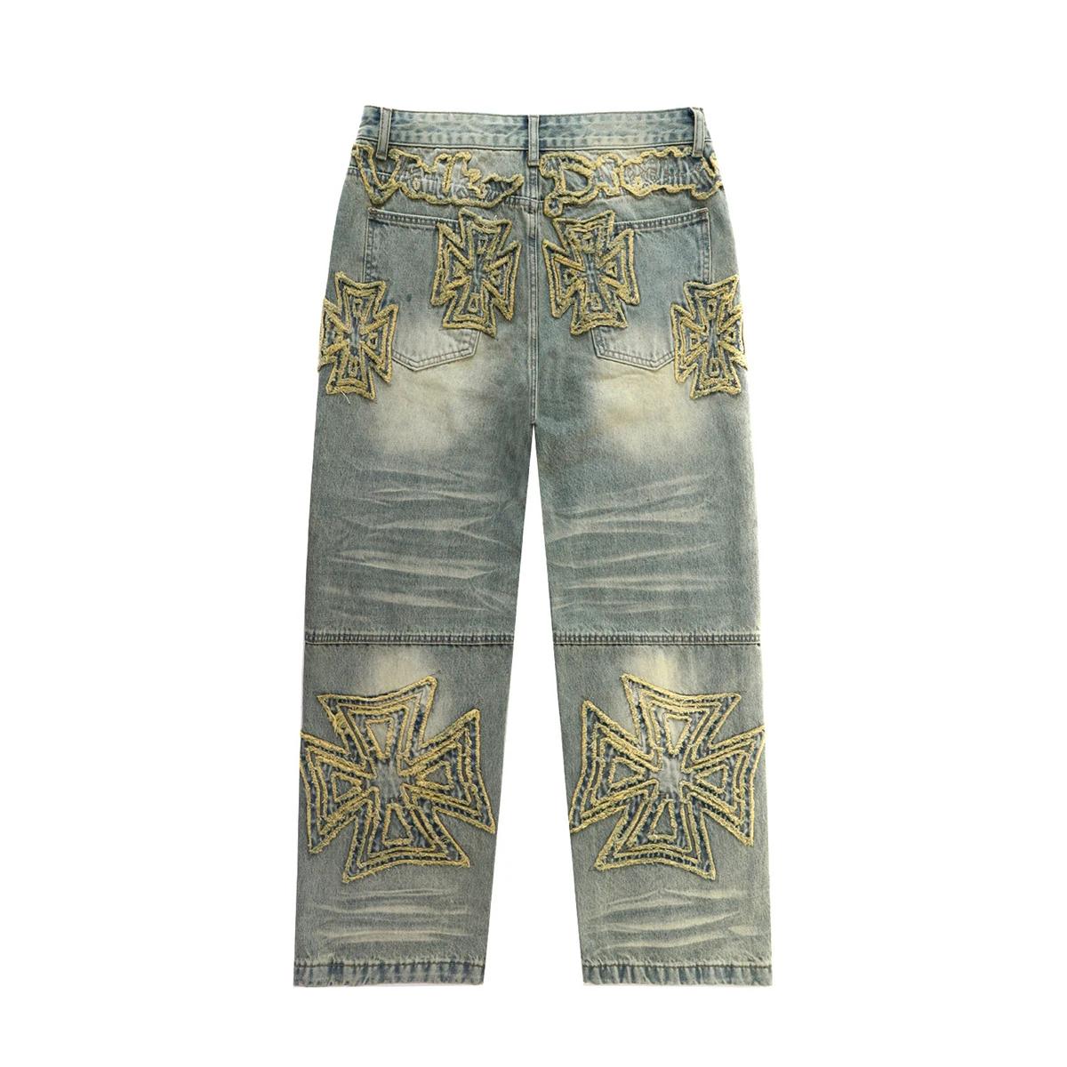Jean baggy brodé délavé tendance 2026 pour homme – Pantalon cargo ample en denim de coton coupe droi
