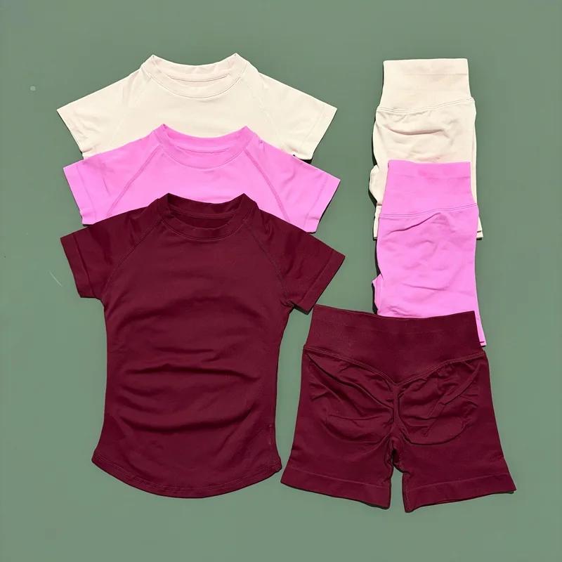Ensemble de sport et yoga 2 pièces pour femme, taille basse, short à effet galbant, manches courtes,
