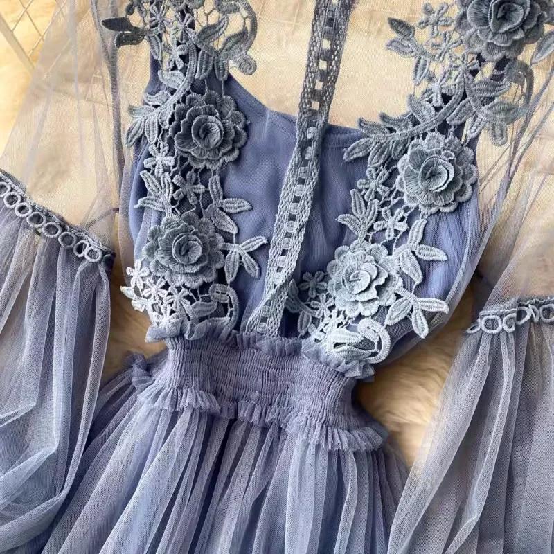 Robe longue en dentelle à fleurs et maille, manches lanternes, blanche, pour femmes, tenue de soirée