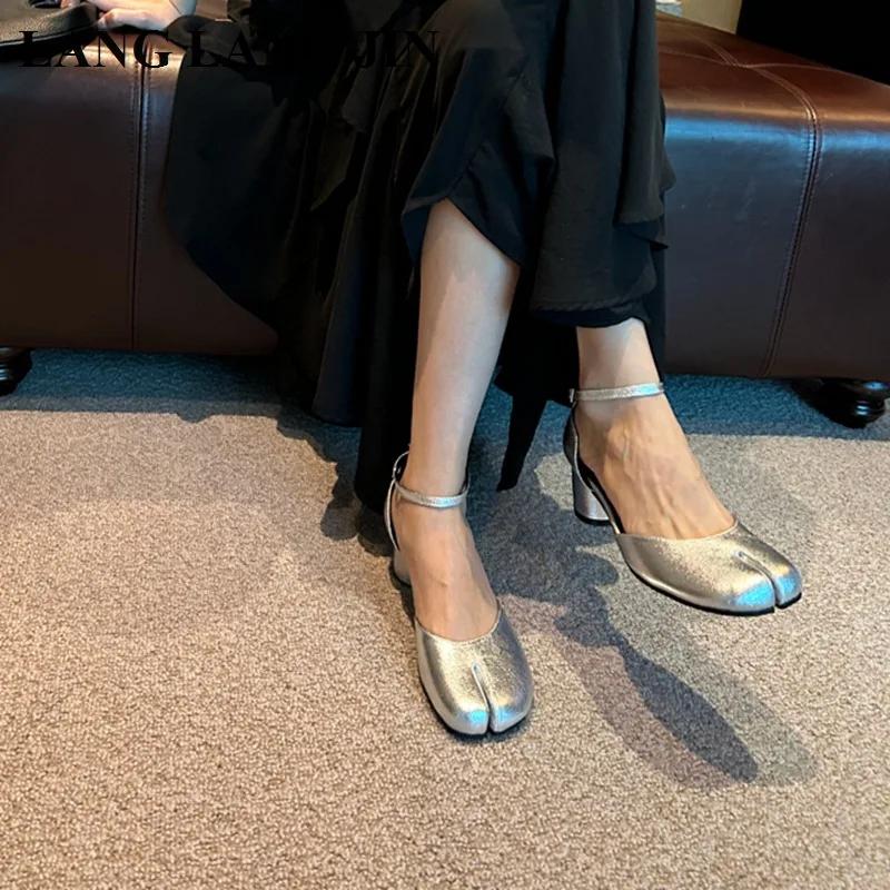 Escarpins Tabi Ninja à bout fendu pour femmes, chaussures à talons ronds de 5cm, Mary Janes, sandale