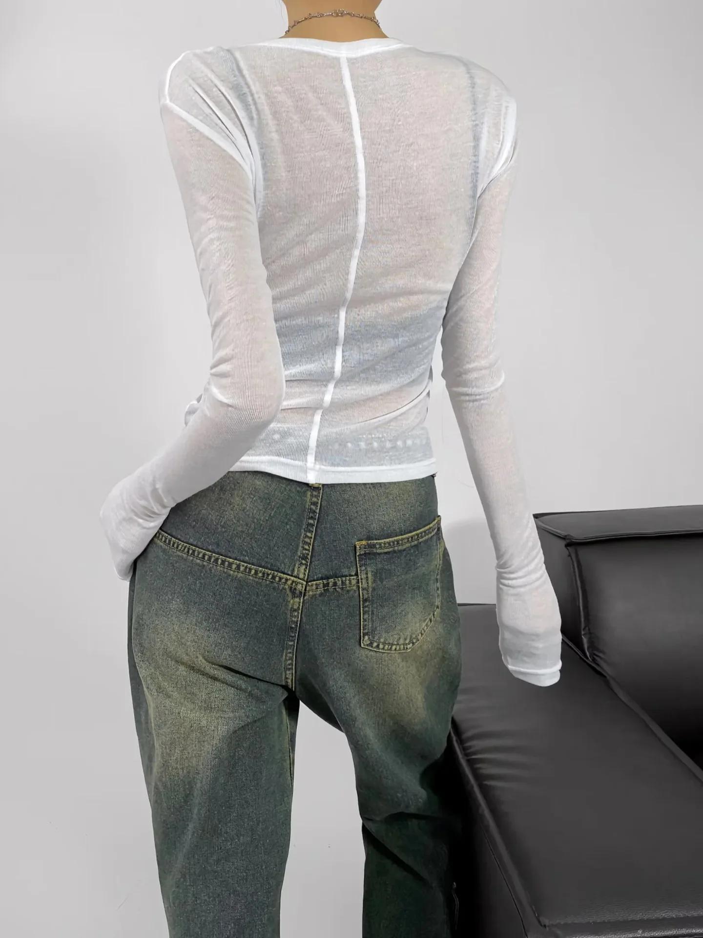 2025 début d'automne fille épicée col rond élastique coupe ajustée mince à manches longues t-shirt f