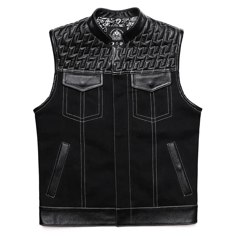SOA-Gilet de motard en cuir de vachette pour homme, veste en cuir de moto, veste en jean patchwork,